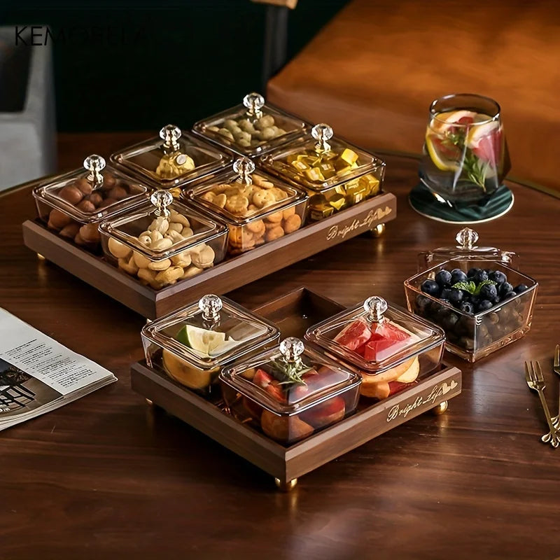 Afralia™ Light Luxury Glass Fruit Plate with Bamboo Wood Compartment