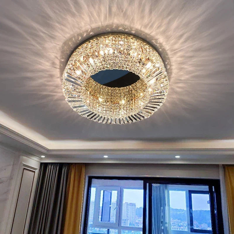 Afralia™ Golden LED Crystal Round Ceiling Lamp