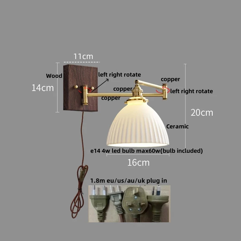 Afralia™ Wood Swing Arm LED Wall Light - Rotatable Bedroom Balcony Bedside Lamp