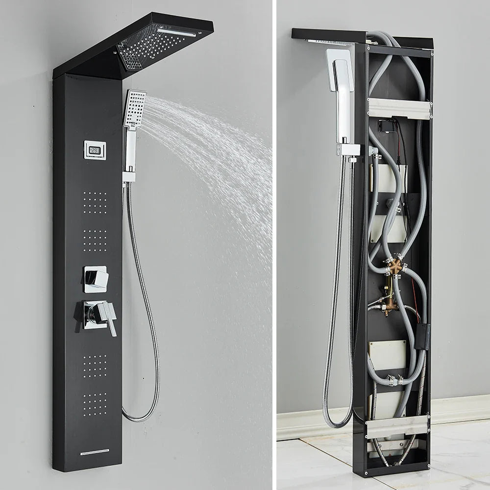 Afralia™ Black Massage Jet Rainfall Shower Panel with Temperature Display 5 Modes