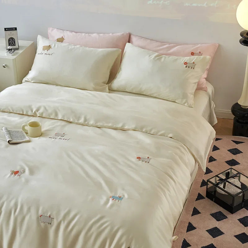 Afralia™ Cartoon Embroidery Comforter Set with Silky Cooling Touch Fitted Sheet - Luxury Rayon Bedding Set