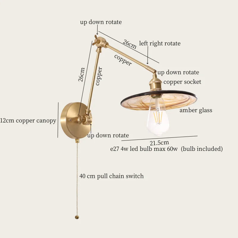 Afralia™ Copper Vintage LED Wall Sconce with Pull Chain for Stair, Loft, Bathroom, Bedroom