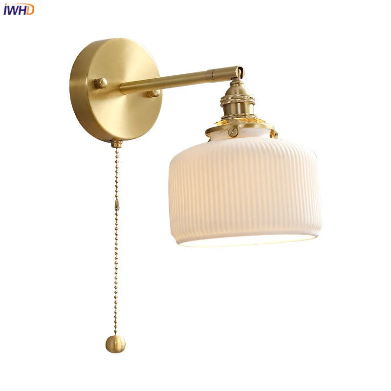 Afralia™ Nordic Ceramic Edison Wall Sconce, Pull Chain Switch, Copper Mirror Light