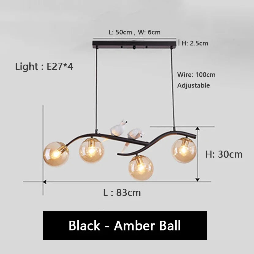 Afralia™ Birds Hanging Glass LED Chandelier in Black & Gold Iron - Modern Kitchen Island Light