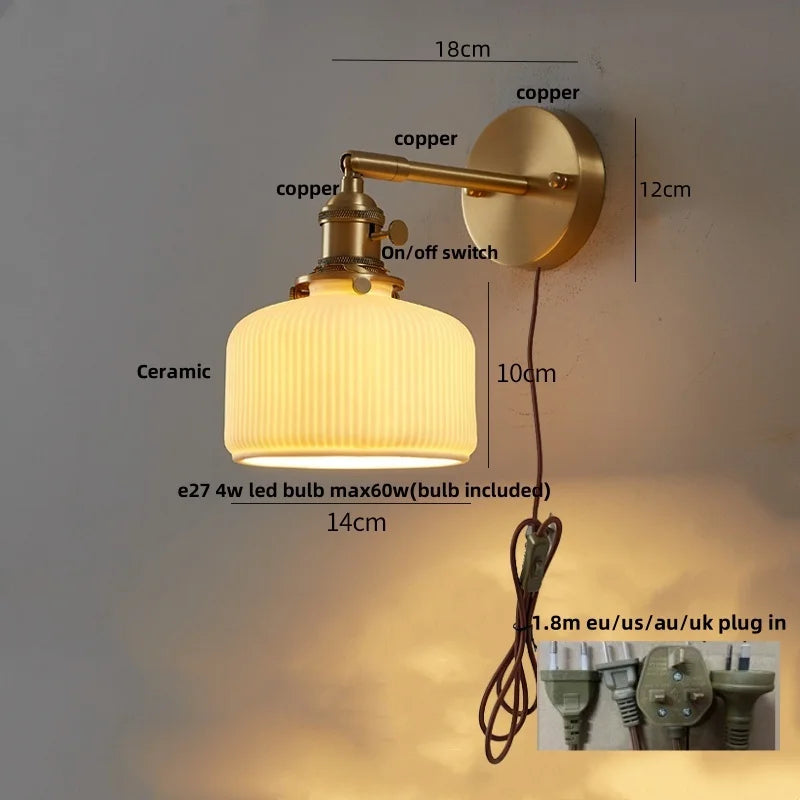 Afralia™ Ceramic LED Wall Sconce with Walnut Wood Pull Chain Switch - Nordic Style
