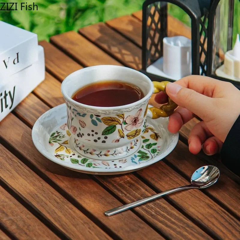 Afralia™ Floral Lace Ceramic Tea Cup & Saucer Set - Elegant Dining Table Drinkware