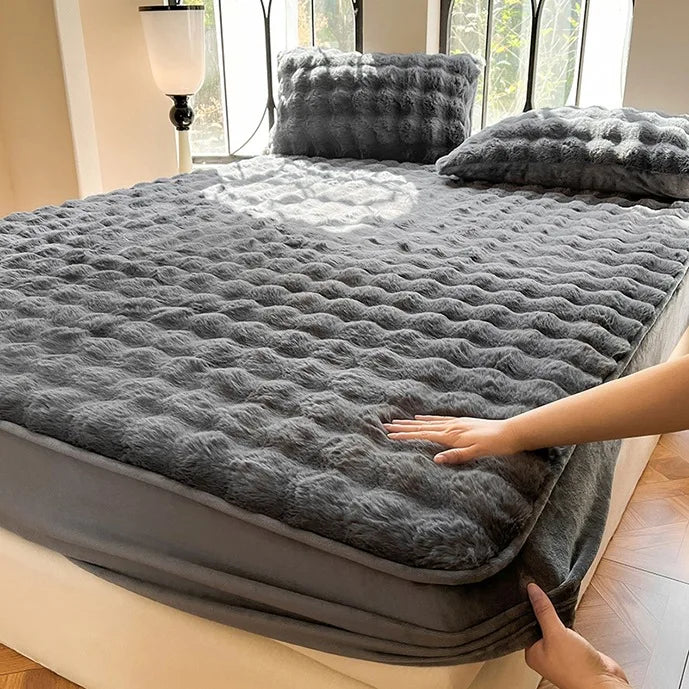Afralia™ Solid Faux Rabbit Fur Fitted Sheet: Winter Thick Warm Single Bed Linen