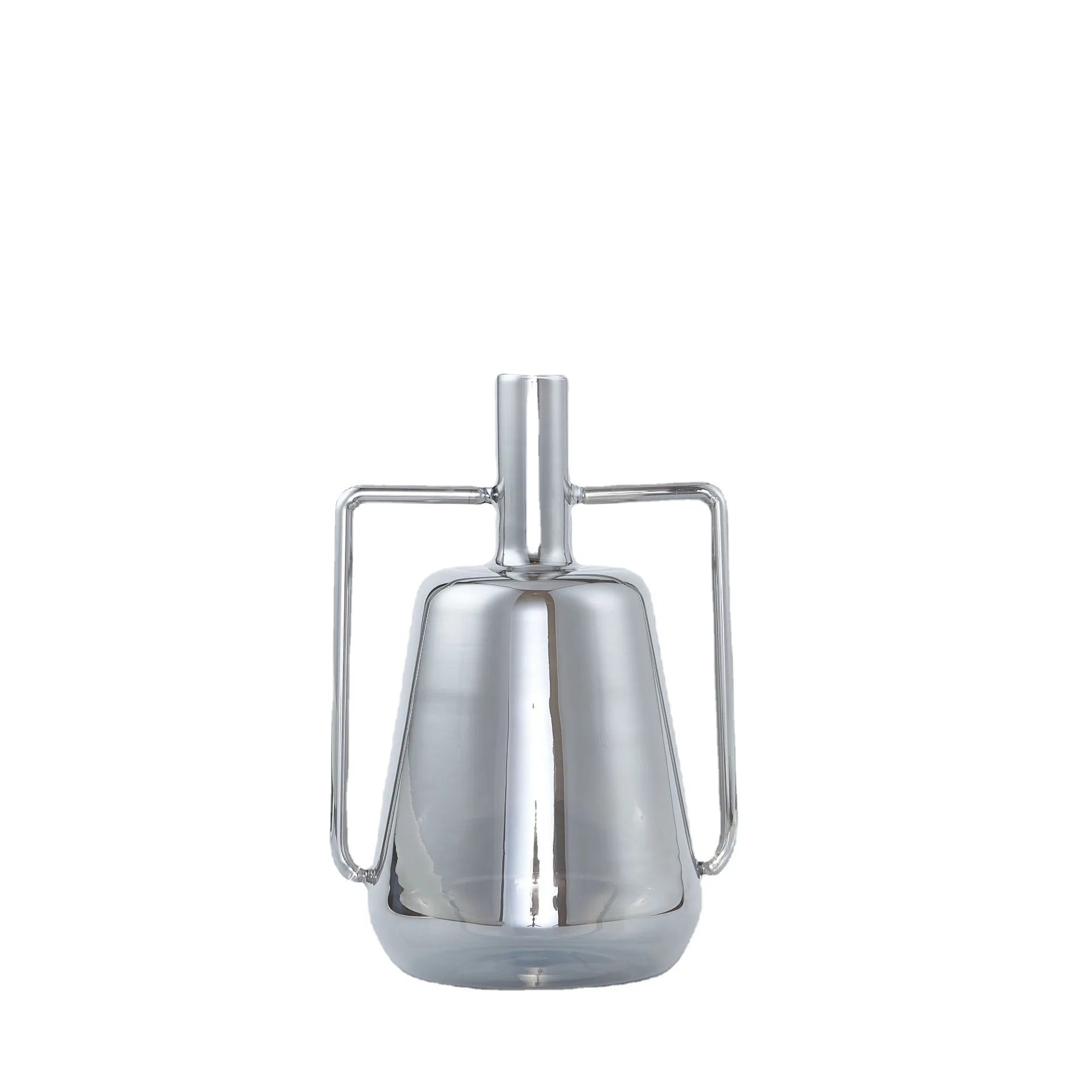 Afralia™ Silver Glass Vase with Geometric Handle for Living Room Dining Kitchen