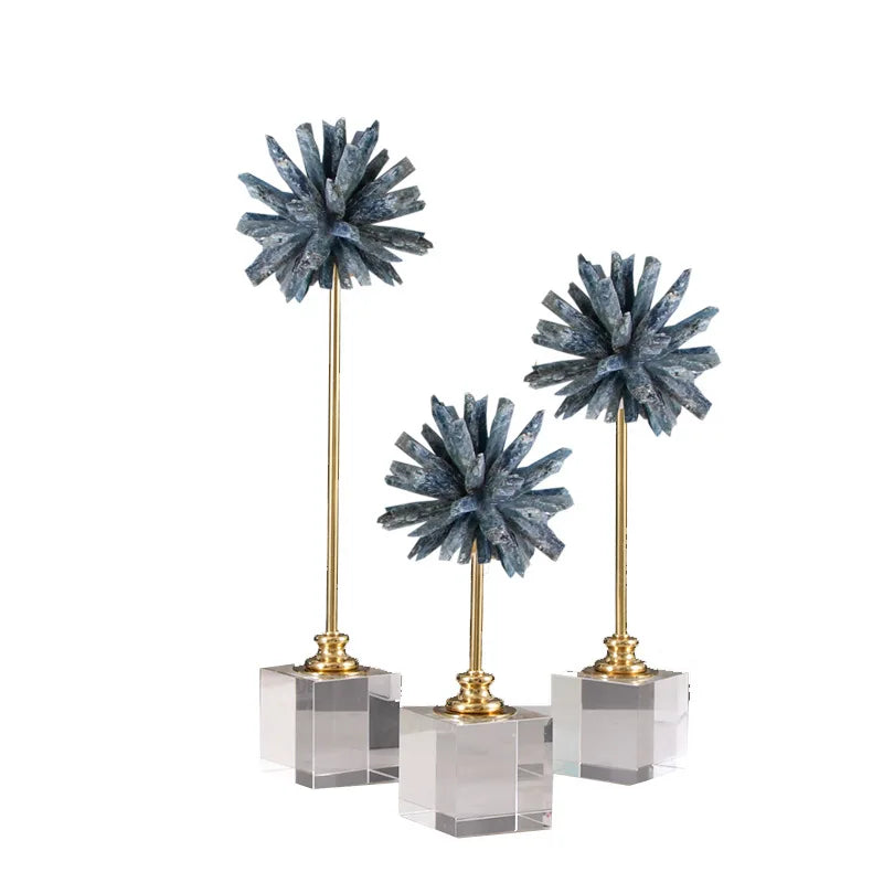 Afralia™ Crystal Flower Glass Craft Hyalinite Sculpture Metal Decorative Figurine