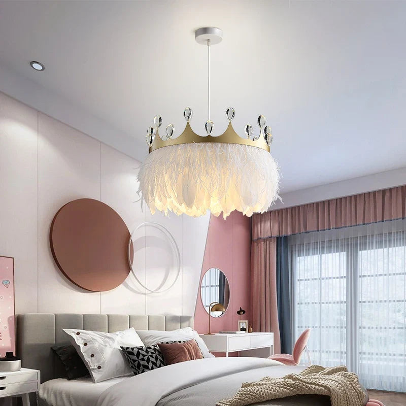 Afralia™ White Feather Pendant Light with Gold Crown & Crystal Decor for Bedroom, E27 Socket