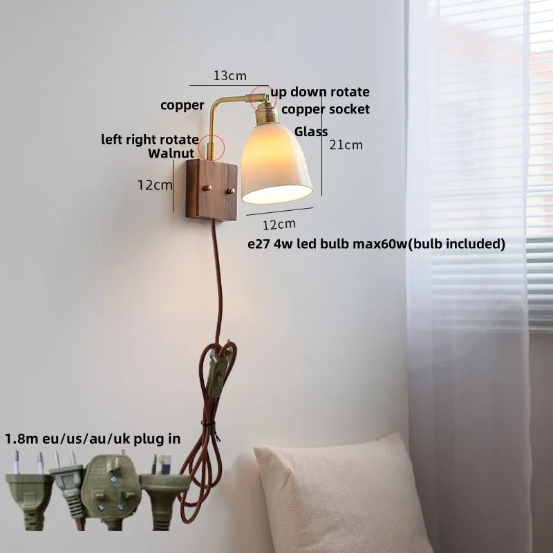 Afralia™ Nordic LED Wall Lights Walnut Ash Rotatable Glass Copper Stair Fixtures