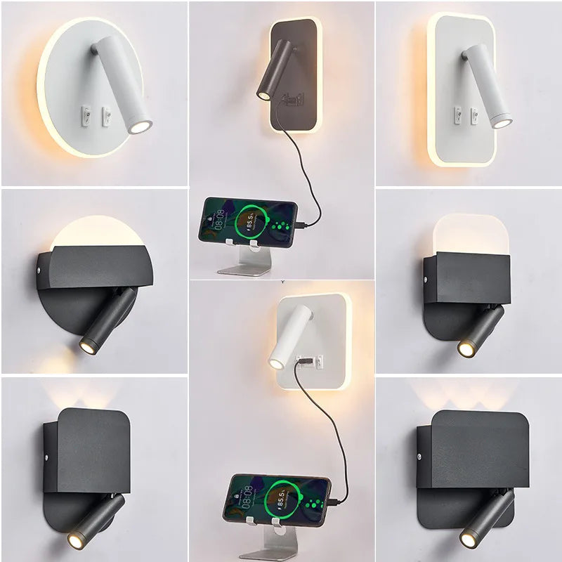 Afralia™ LED Wall Lamp USB Charging Bedroom Hotel Bedside Reading Sconce Switch