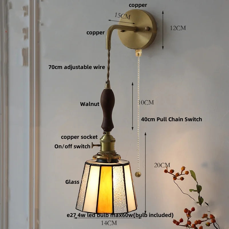 Afralia™ Vintage LED Wall Lights Walnut Wood Pull Chain Switch Mirror Light