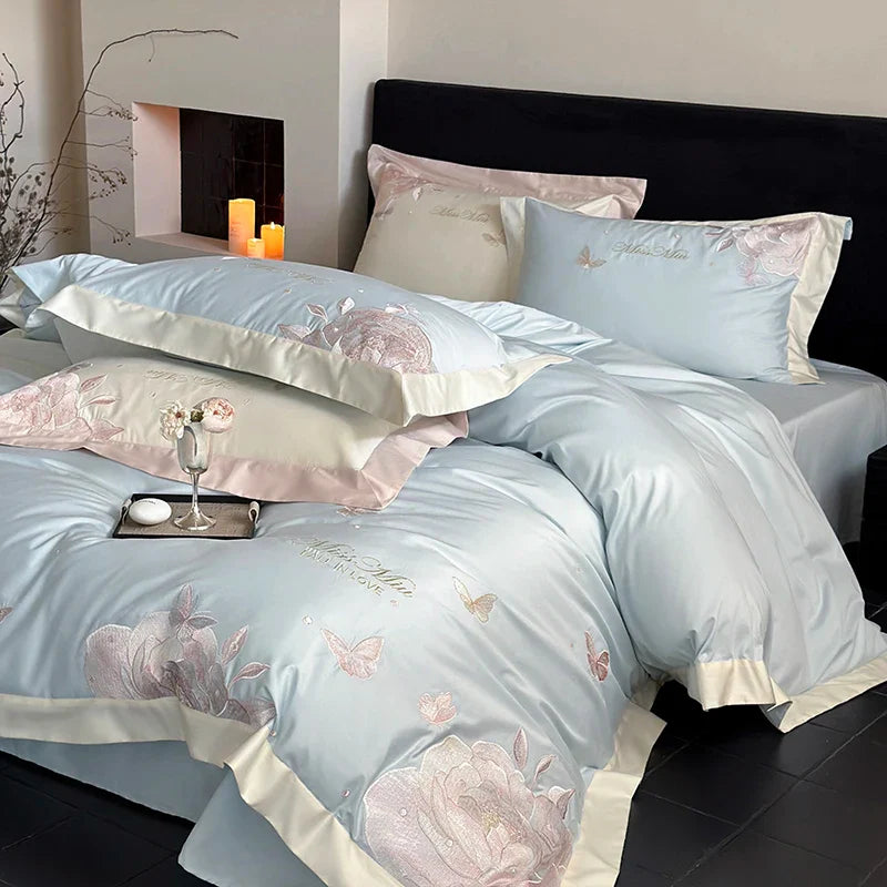 Afralia™ 1000TC Egyptian Cotton Butterfly Flowers Embroidery Bedding Set