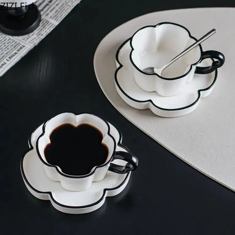 Afralia™ Black Edged Flower Mug Set - Ceramic Cup & Saucer for Tea, Coffee, and Juice