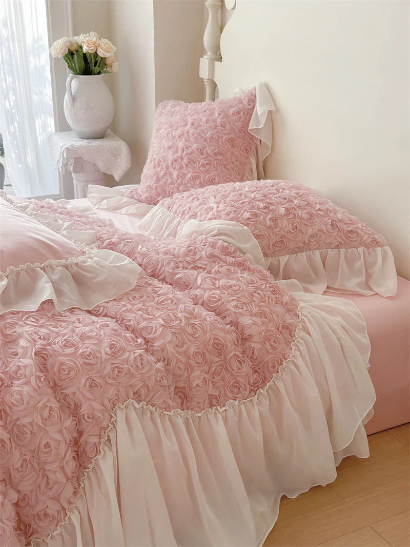 Afralia™ Pink Rose Flowers Lace Ruffles Bedding Set, Duvet Cover, Sheet, Pillowcases