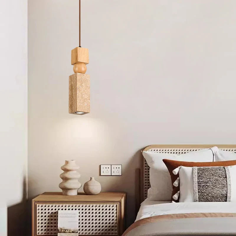 Afralia™ Cuboid Stone LED Pendant Lights Wood Yellow Travertine Interior Lighting Hanging Lamp