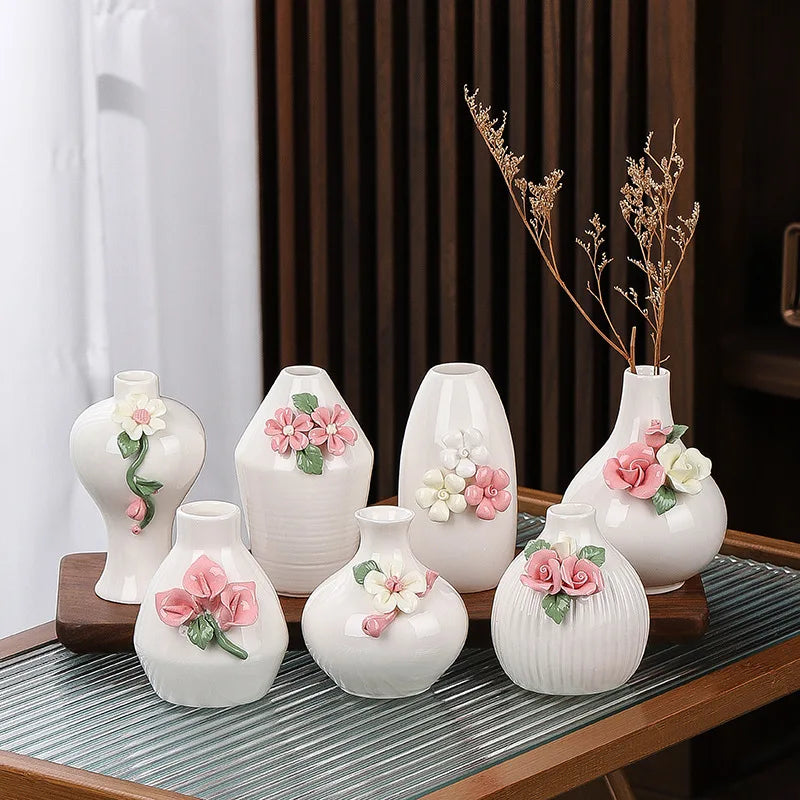 Afralia™ Mini Embossed Flower Ceramic Vase for Home Decoration and Floral Arrangement