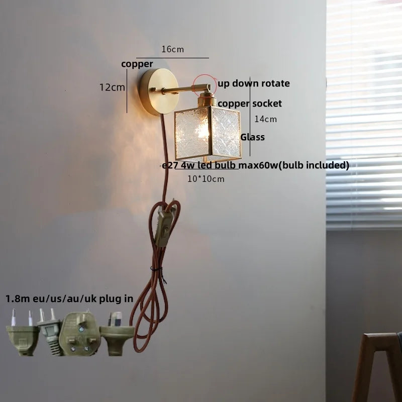 Afralia™ Nordic Modern LED Wall Lights Glass Bedside Lamp Brass Pull Chain Switch
