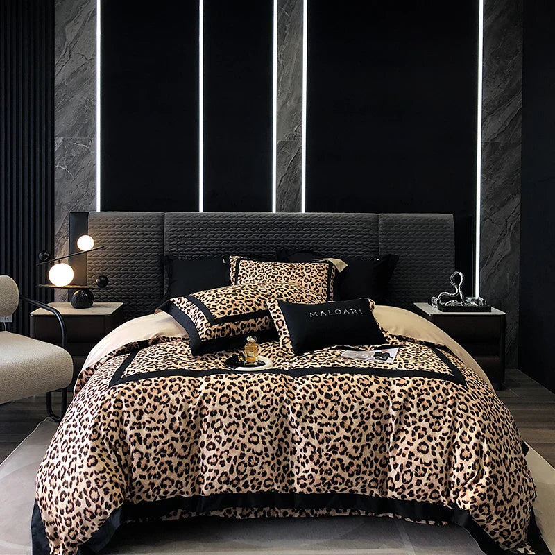 Afralia™ Leopard Print Lyocell Cotton Bedding Set, Luxury Duvet Cover, Sheet & Pillowcases