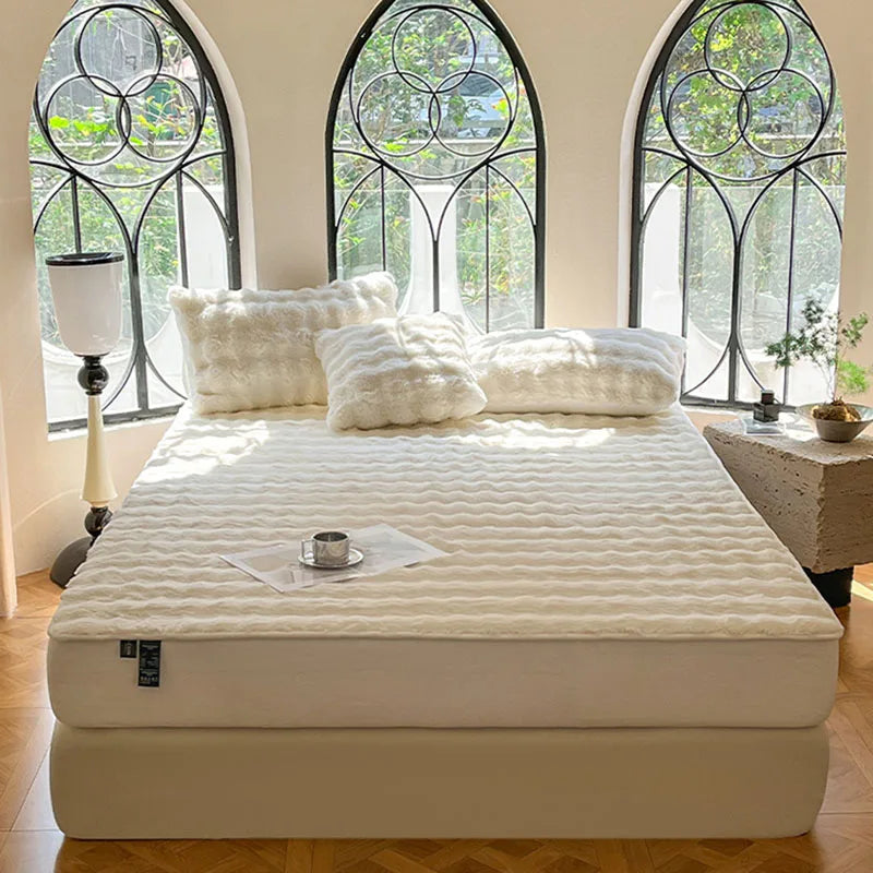 Afralia™ Solid Faux Rabbit Fur Fitted Sheet: Winter Thick Warm Single Bed Linen