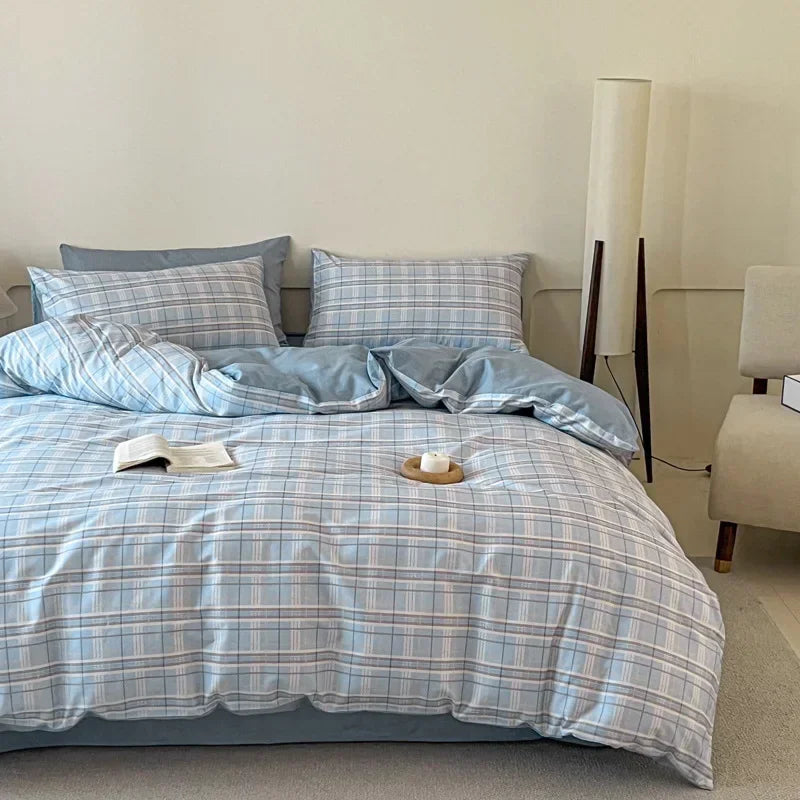 Afralia™ Soft Cotton Grid Printed Bedding Set for Single/Double Bed