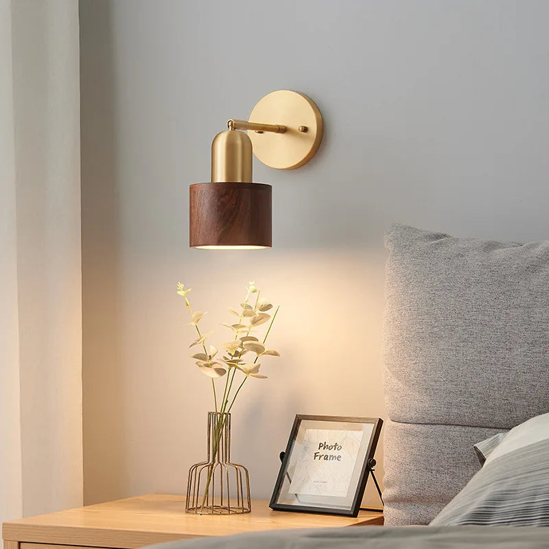 Afralia™ Nordic Walnut Wood Copper Bedroom Wall Lamp