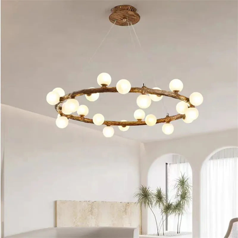Afralia™ Nordic Wooden Chandelier Ring with Milky White Glass Light