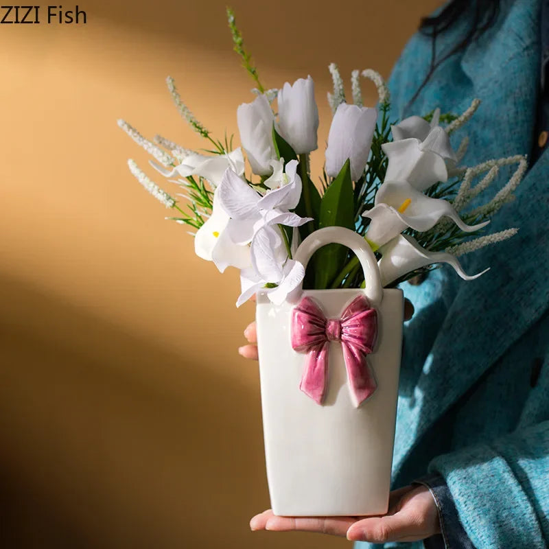 Afralia™ Bowknot Ceramic Vase Handbag Decor Table Flower Room Decor