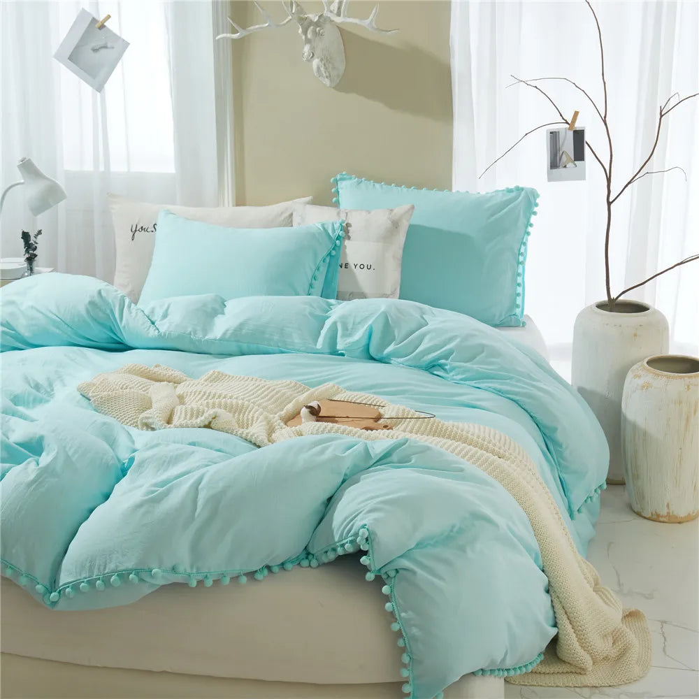 Afralia™ Pom-Pom Duvet Cover Set with Solid Color Design, Available in Various Sizes.