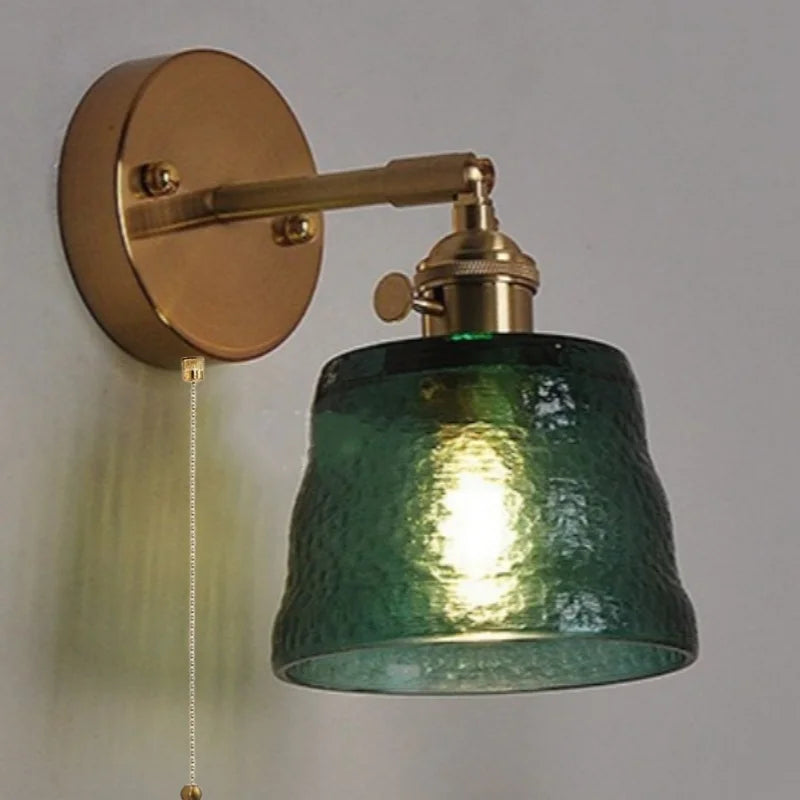 Afralia™ Clear Glass LED Wall Lights Brass E27 Pull Chain Switch Bedside Lamp