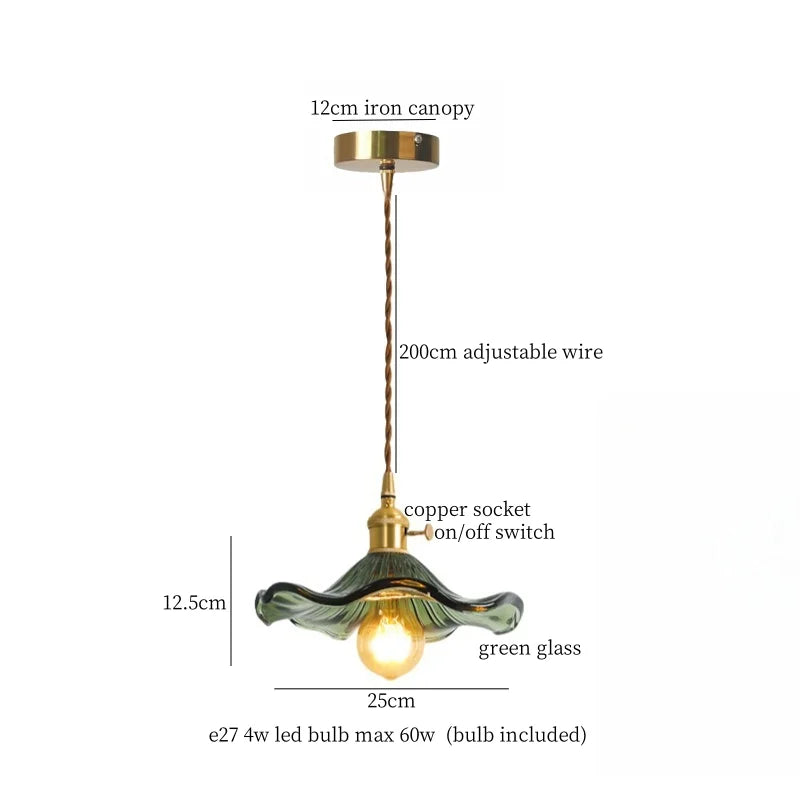 Afralia™ Red Glass LED Pendant Lamp American Style Vintage Copper Hanging Light