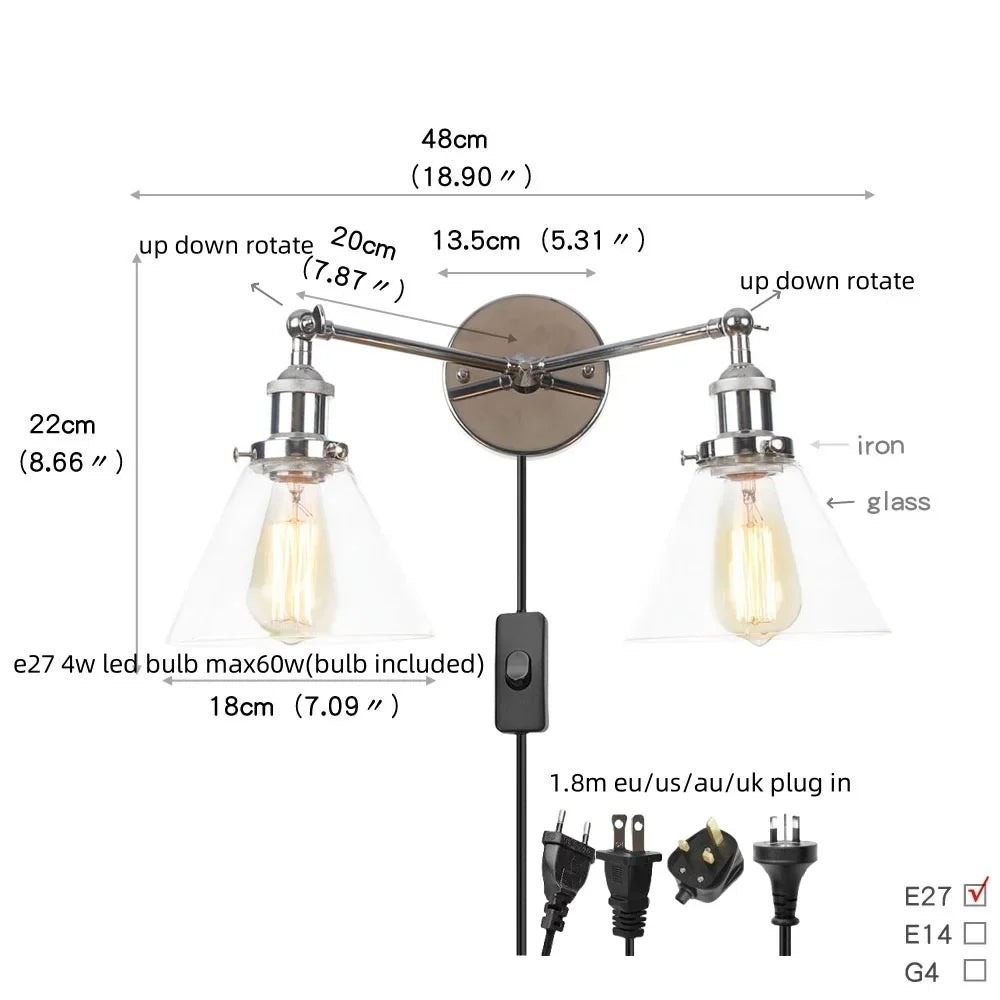 Afralia™ 2 Head LED Wall Lamps Iron Glass Bedroom Stair Light Fixtures