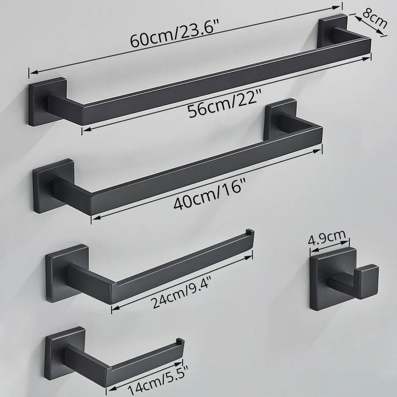 Afralia™ Black Bathroom Accessories Set: Robe Hook, Towel Rail, Shelf, Paper Holder