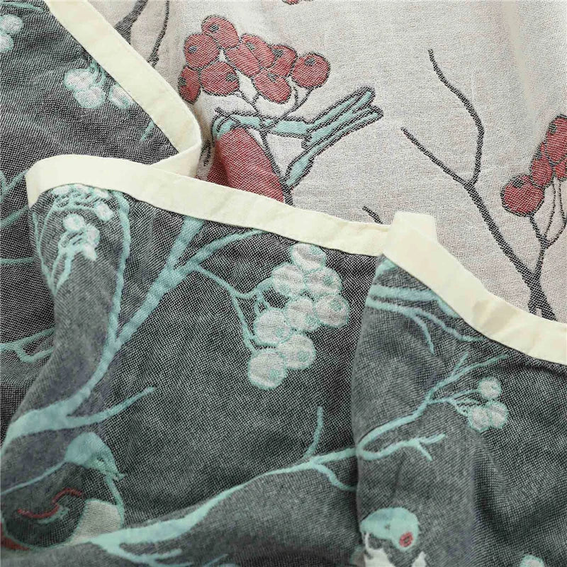 Afralia™ Japanese Cotton Single Bedspread with Pillow Towel - Floral Birds Design