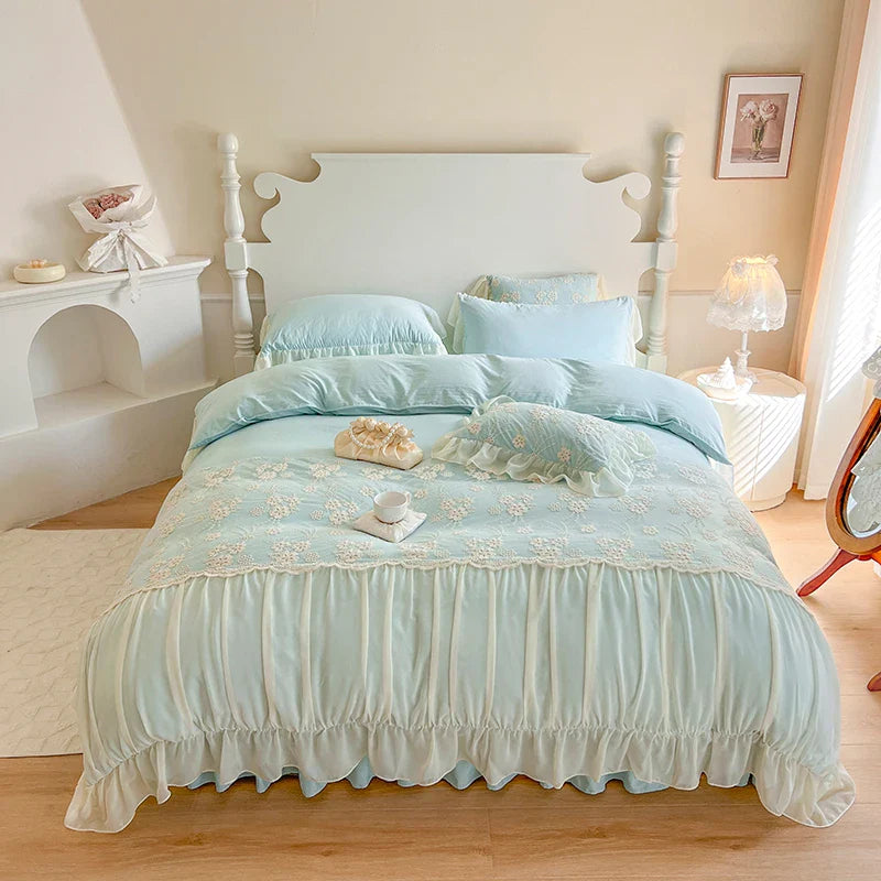 Afralia™ Pink Chiffon Lace Ruffles French Princess Bedding Set - 6-Piece Queen Size