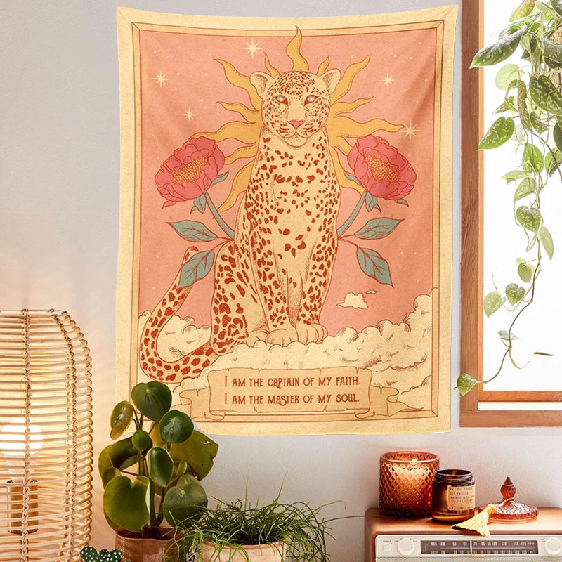 Bohemian Sun Tapestry Wall Hanging by Afralia™ - Tiger Floral Tarot Moon Aesthetic