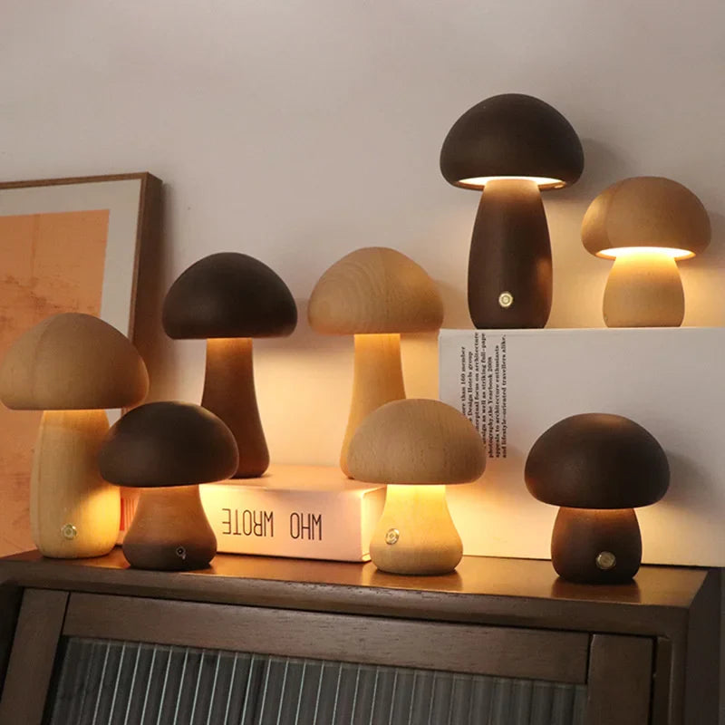 Afralia™ Wooden Mushroom Night Light Touch Lamp for Bedroom Kids Room