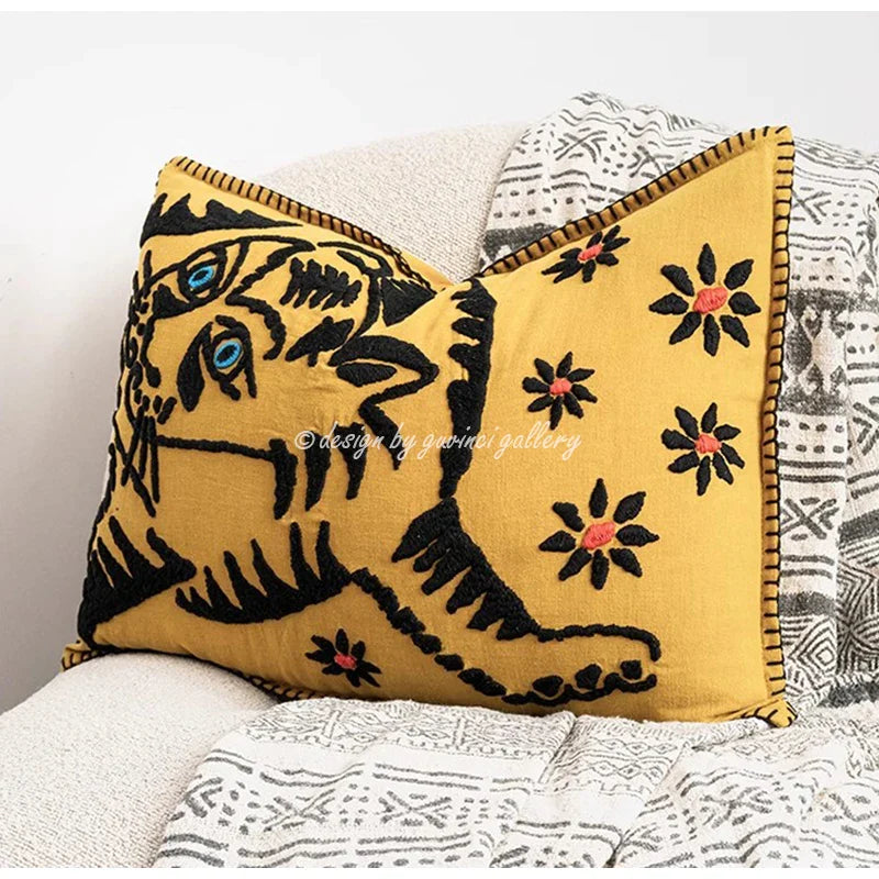 Afralia™ Tiger Embroidered Throw Pillow Covers for Sofa Bed Couch – Luxury Handmade Décor