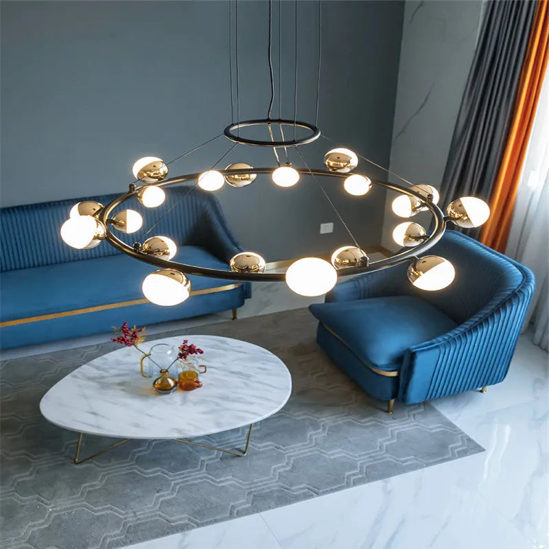 Afralia™ Gold Balls LED Chandelier: Art Deco Round Lighting with Acrylic Balls for Home Décor