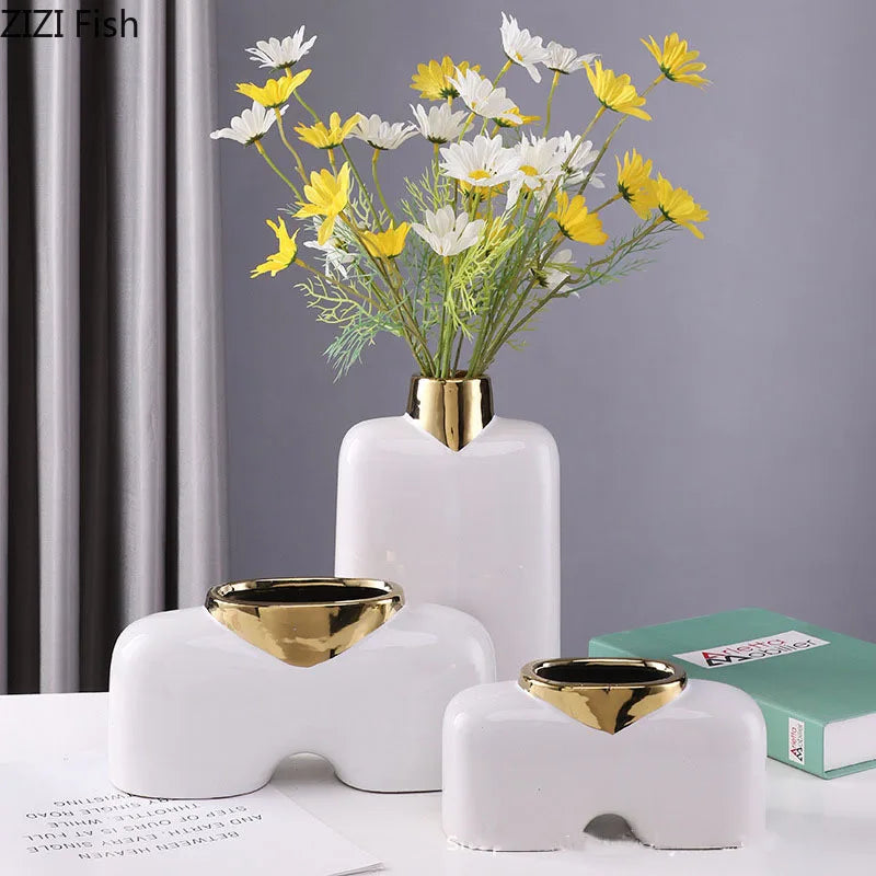 Afralia™ Gold Ceramic Vase Desk Decor Artificial Flower Arrangement Aesthetic Room Vase