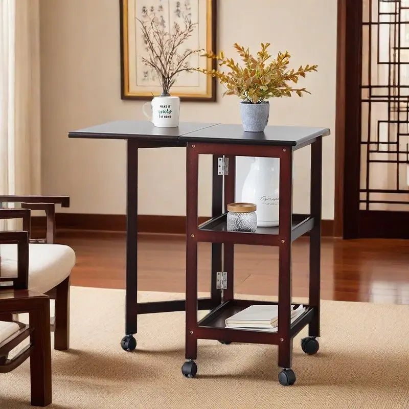 Afralia™ Solid Wood Dining Table Folding Side Cabinet with Wheels and Storage Shelf