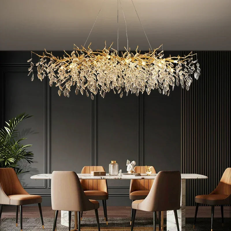 Afralia™ Crystal Branch LED Pendant Chandelier - Gold Suspend Lamp for Luxury Dining Room