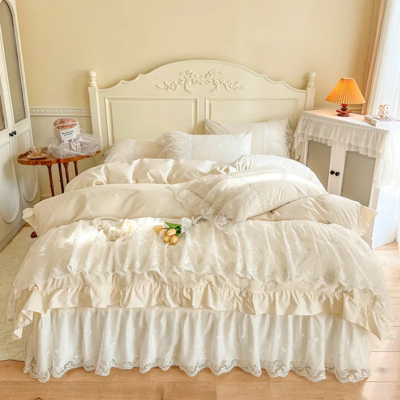 Afralia™ French Princess Lace Ruffles Bedding Set, 100% Cotton, Pink Romantic Theme