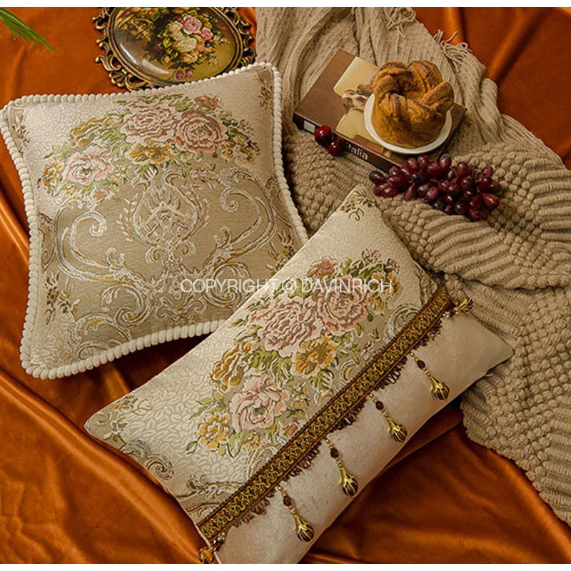 Afralia™ Vienna Impression Floral Jacquard Tassel Luxury Cushion Cover