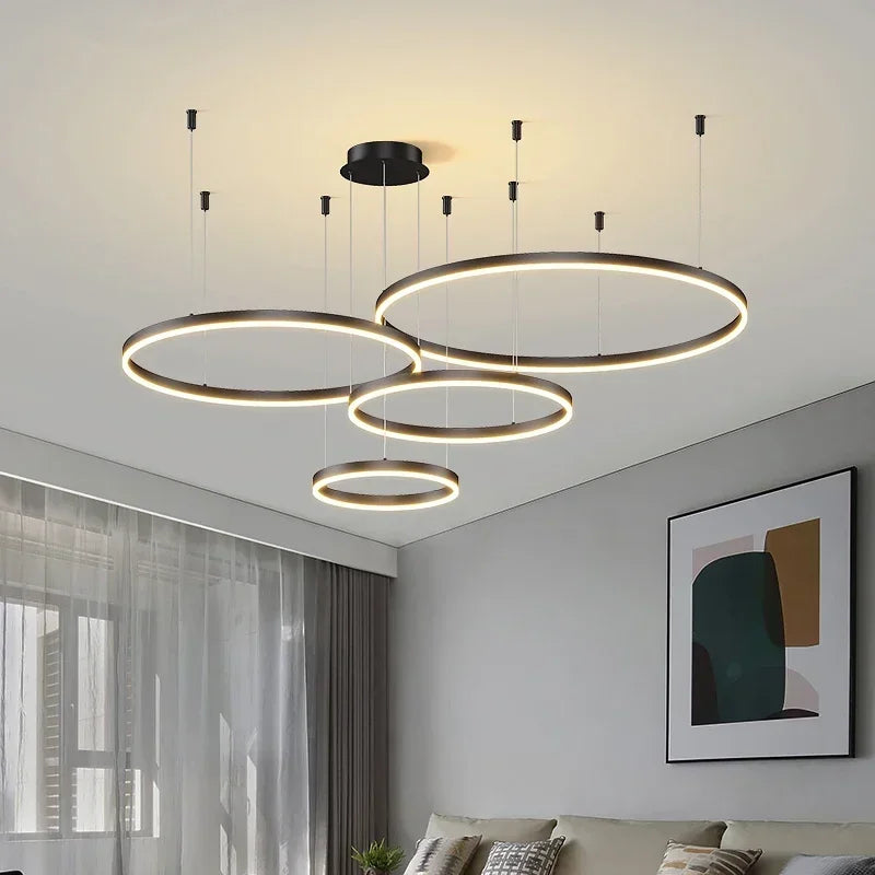 Afralia™ Modern LED Chandelier: Brushed Rings Ceiling Lighting, Gold&Black Frame