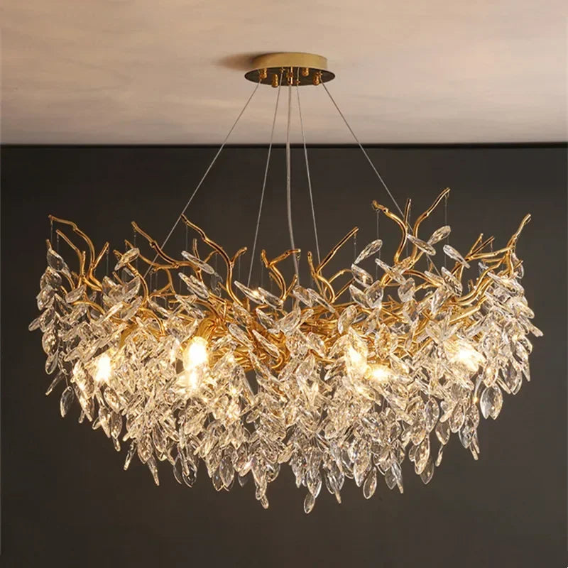 Afralia™ Crystal Branch LED Pendant Chandelier - Gold Suspend Lamp for Luxury Dining Room