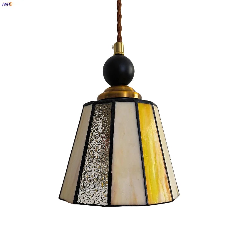 Afralia™ Tiffany Glass LED Pendant Lights: Modern Nordic Copper Wood Hanging Lamp