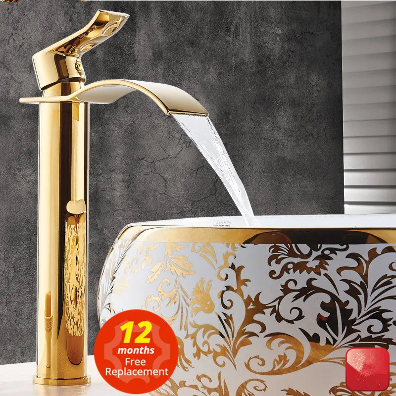 Afralia™ Gold and White Waterfall Bathroom Basin Faucet Mixer Tap Hot Cold Sink