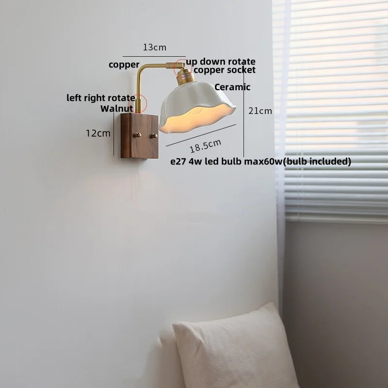 Afralia™ Nordic LED Wall Light Pull Chain Switch Rotatable Walnut Copper Bedside Lamp